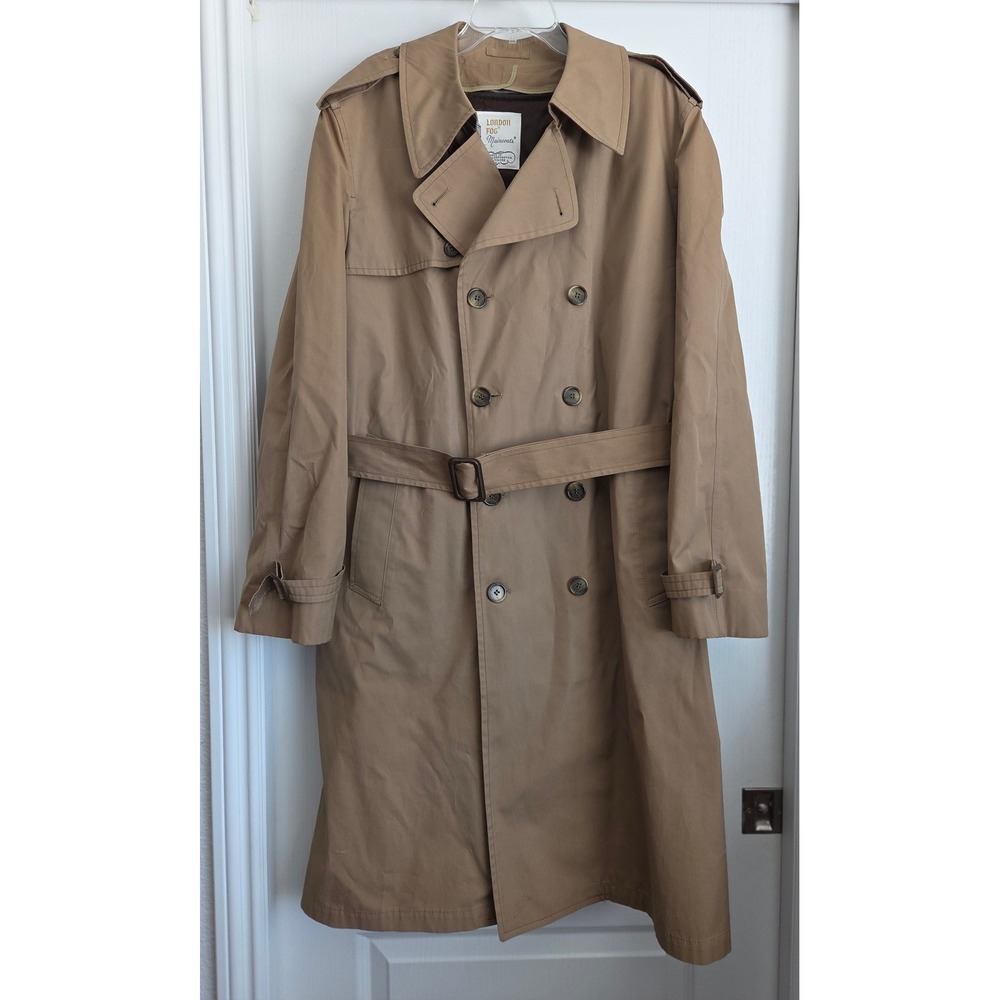 London Fog Tan Double Breasted Lined Trench Coat Belted Weatherwear Size 42 Long